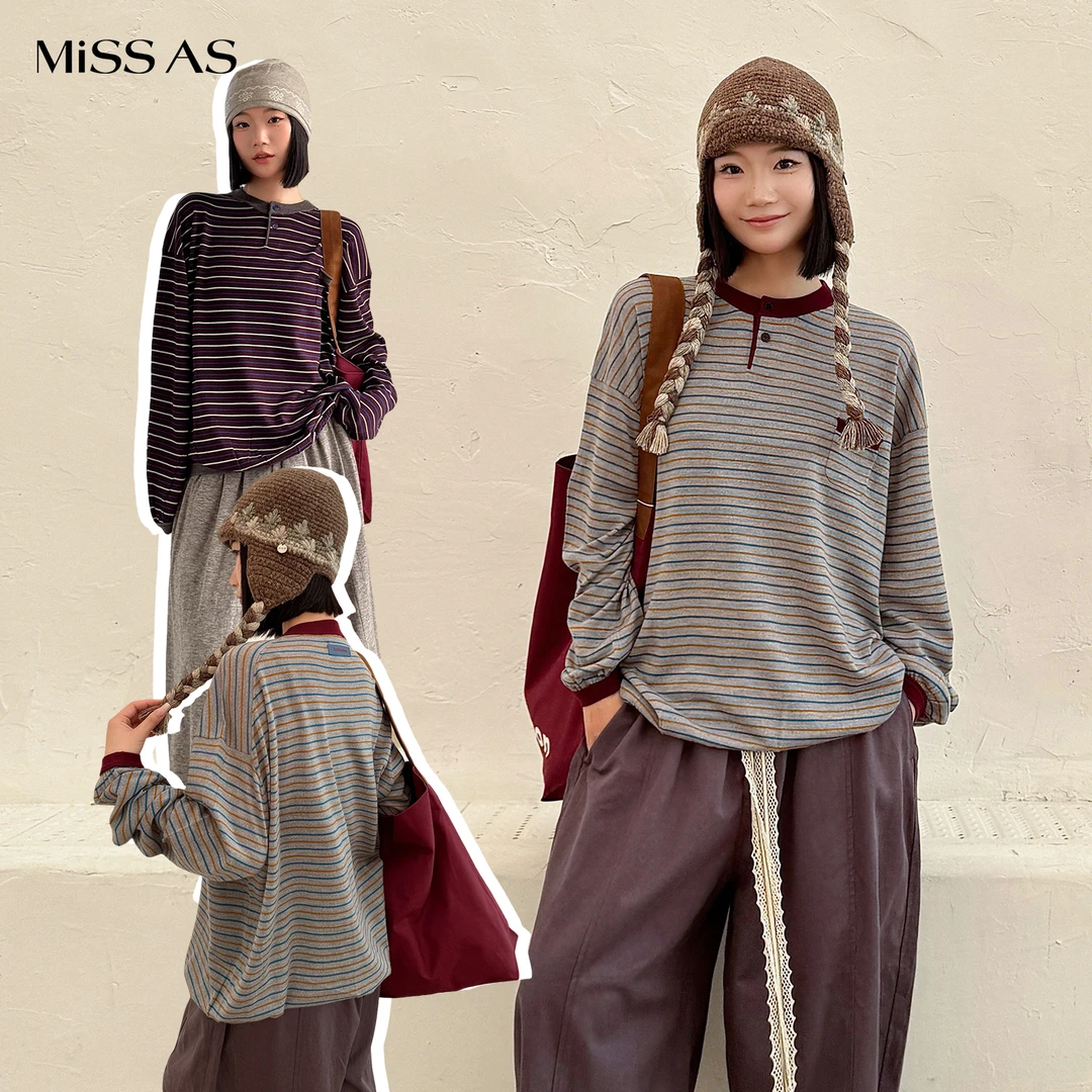 【fafamoon】女士休闲撞色细彩条针织衫长袖上衣25秋冬