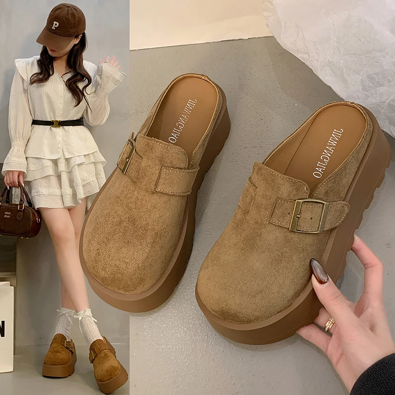 6cm~厚底勃肯包头半拖鞋女2025复古外穿增高懒人一脚蹬博肯拖鞋潮