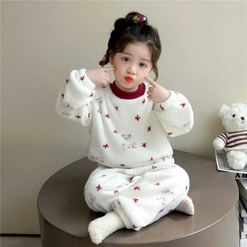 女童秋冬睡衣套装2025新款法兰绒儿童女孩宝宝服珊瑚绒可爱家居服