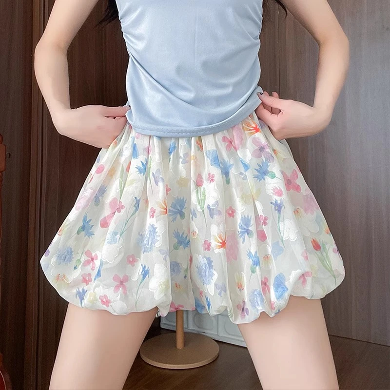 2025新款冰丝碎花花苞裤女短裤夏季薄高腰显瘦短裙小个子休闲裙裤