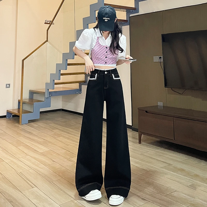 黑色阔腿蕾丝牛仔裤夏季新款高腰宽松新款牛仔微喇裤流行网红女裤