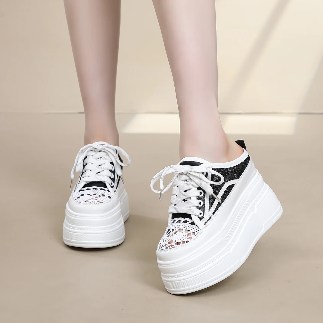 10厘米蕾丝网面透气外穿半拖鞋夏季新款小白鞋厚底包头懒人女拖鞋