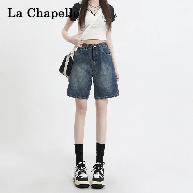 拉夏贝尔复古五分牛仔短裤女夏季2025新款小个子高腰宽松阔腿中裤