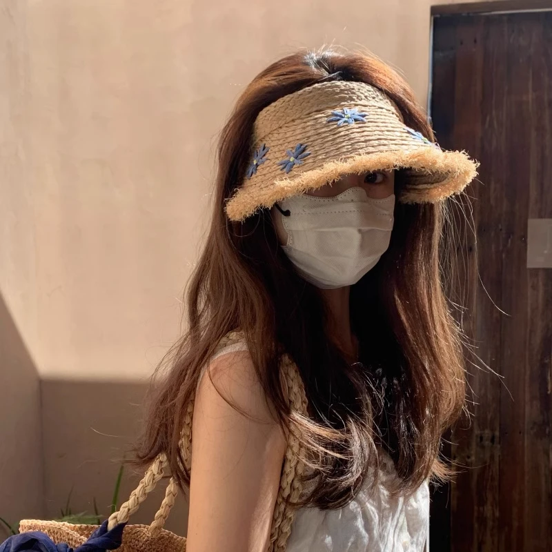 防晒帽毛边草编空顶帽2025新女夏季遮阳帽沙滩出游防晒帽子发箍式