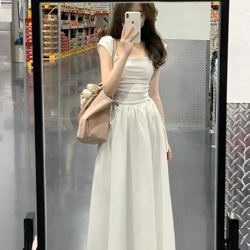 法式方领纯欲辣妹白色连衣裙子仙女收腰气质修身绑带高腰长裙夏季