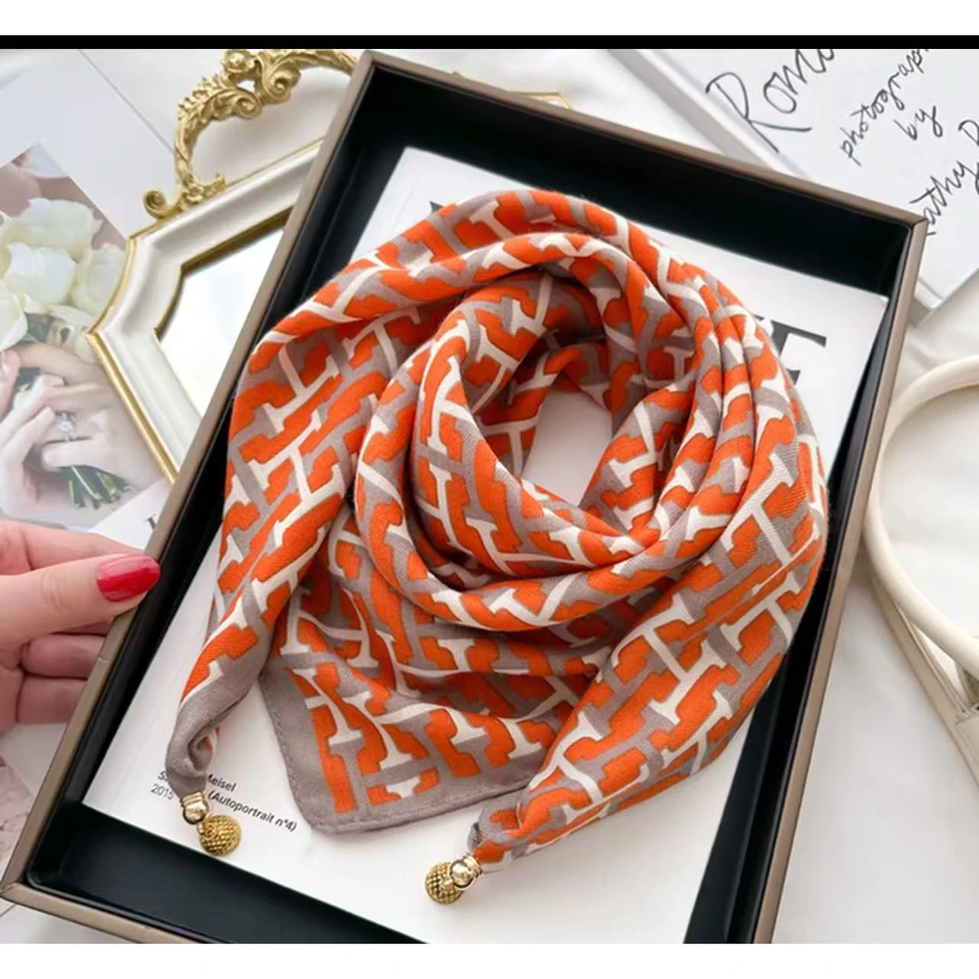 【橘黄H字母磁吸扣 70方巾】百搭高级丝巾纱巾洋气时尚百搭秋冬