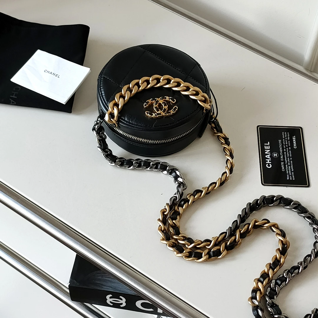 95新 Chanel/香奈儿 Azul-黑金山羊皮19bag圆饼斜挎包45876