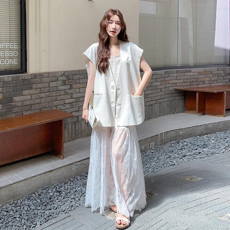 巨好看蕾丝拼接吊带裙套装女夏法式高级感独特气质西装马甲两件套