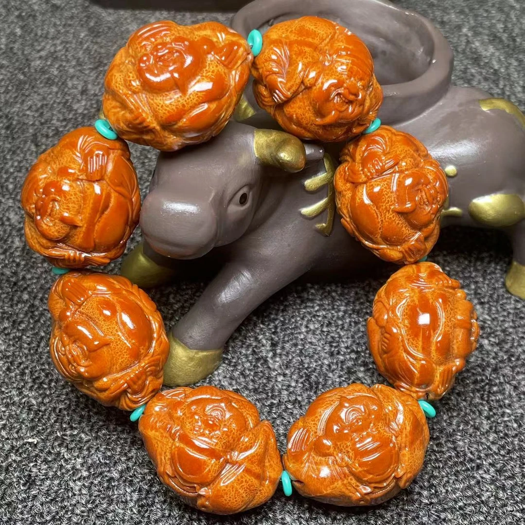 文玩探宝天然印尼大橄榄雕刻3.3左右横财神手持橄榄核核雕手串