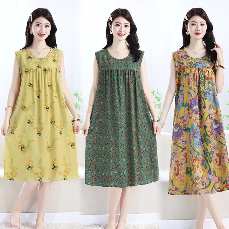 棉绸睡裙女夏中老年睡衣人造棉连衣裙加长款宽松大码家居服妈妈装