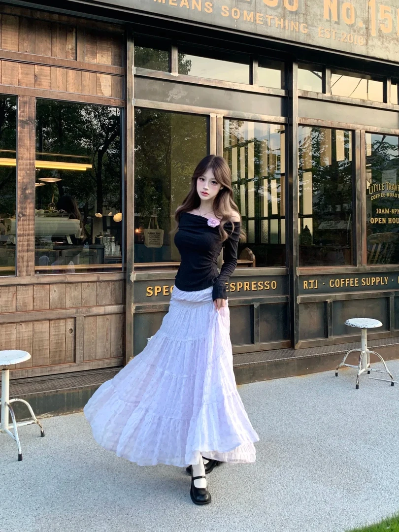 设计感一字肩上衣女修身辣妹纯欲针织T恤2025早秋新款显瘦半身裙