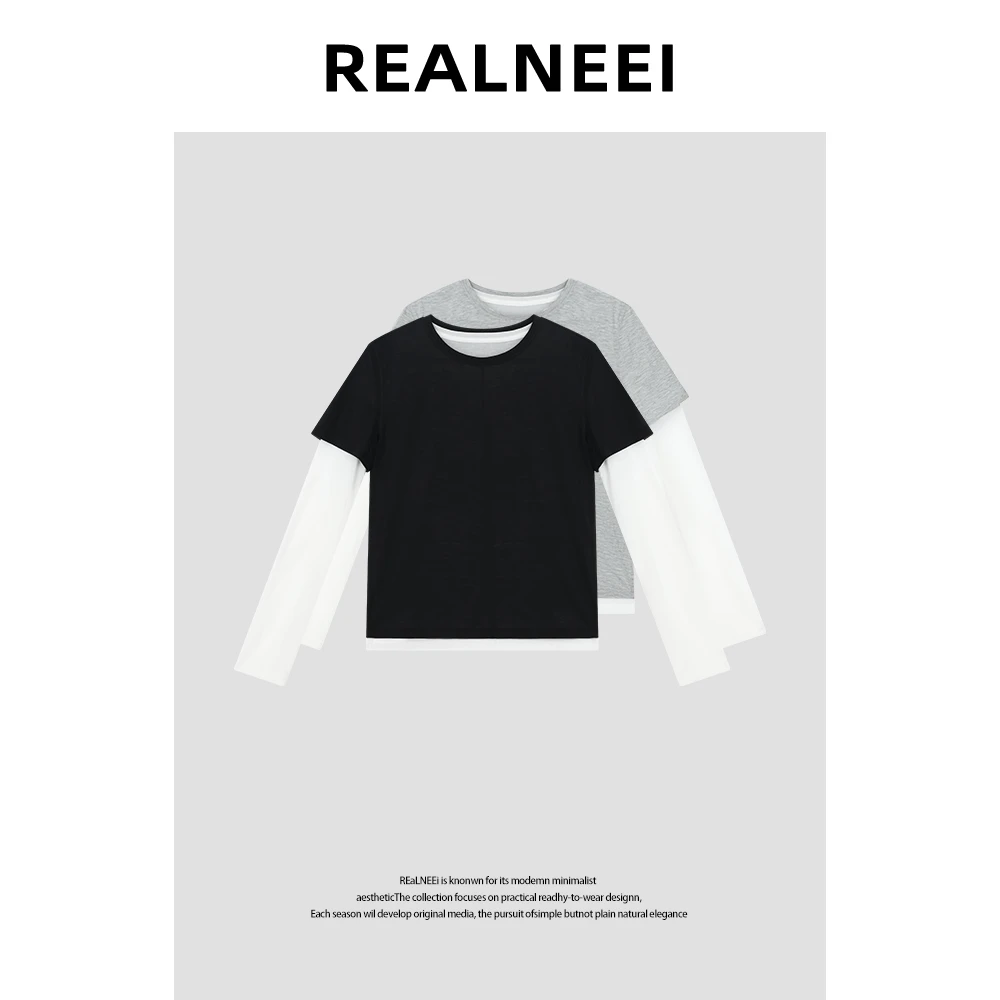 【雅南初静】“100%兰精天丝”设计感拼接假两件舒适长袖T恤01012