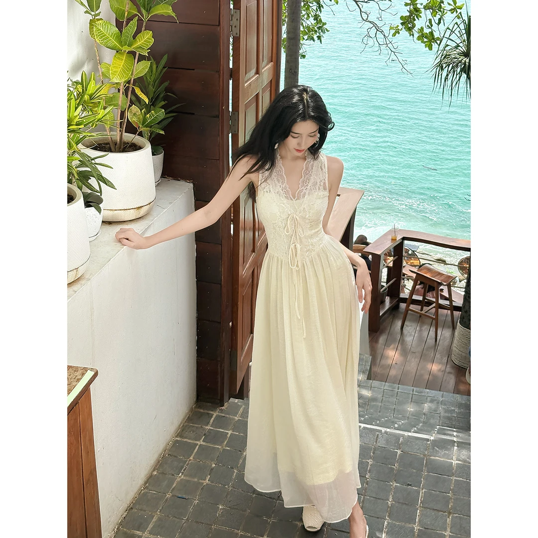Good Job【留恋光影】法式蕾丝薄纱奶黄连衣裙重工气质度假长裙子