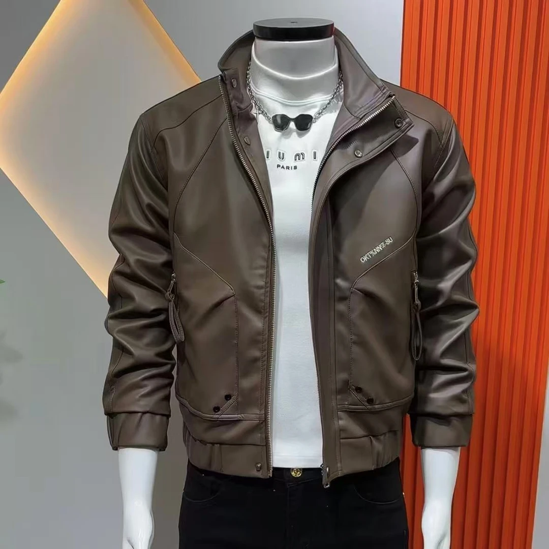 冬季男士加绒皮衣简约大气时尚潮流高级痞帅立领皮夹克休闲百搭款