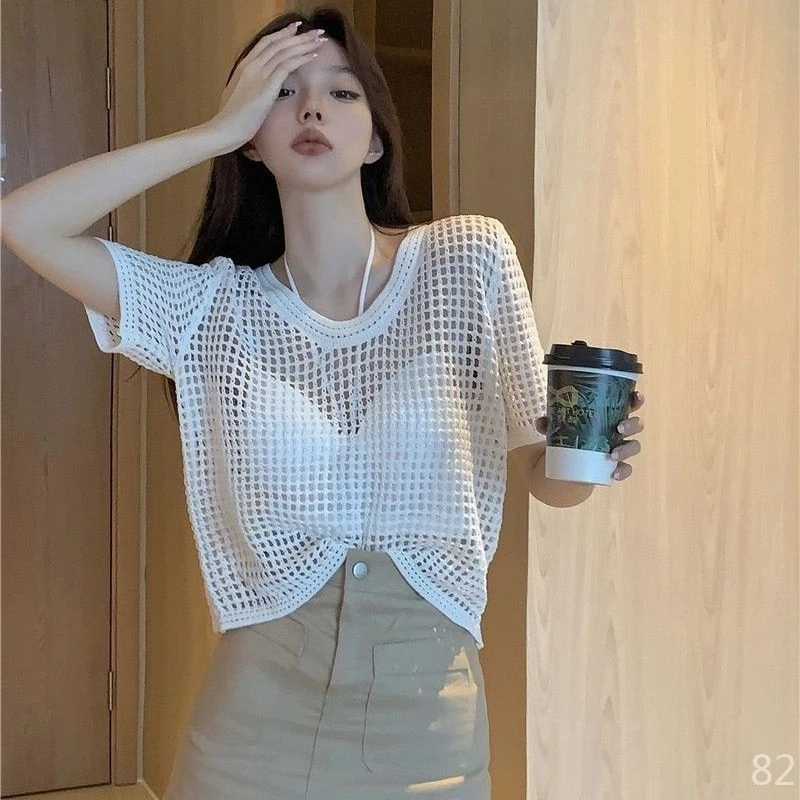 韩版镂空短袖防晒针织罩衫女夏季薄款透视套头设计感小众短款上衣