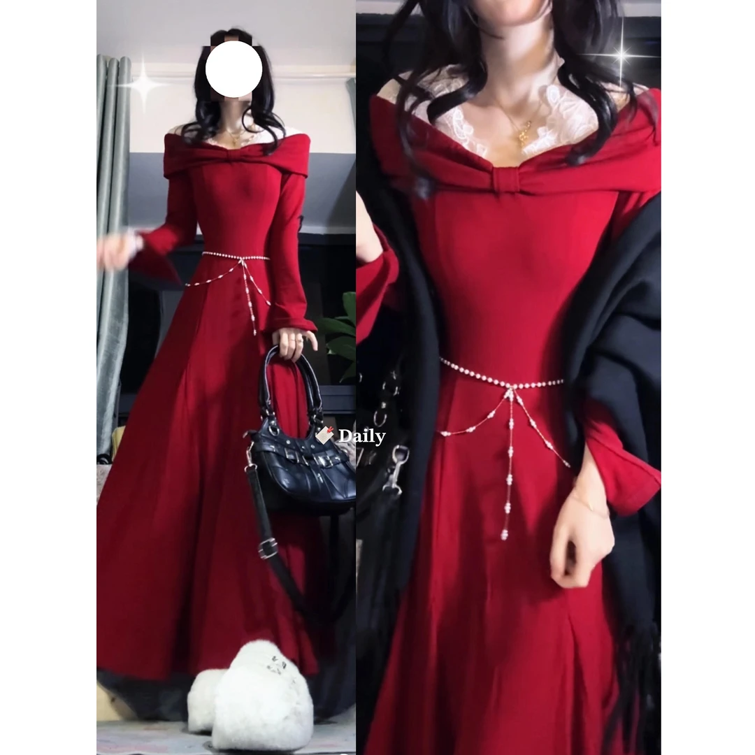 圣诞穿搭蕾丝红色针织连衣裙子女2025新款秋冬新年战袍超好看长裙