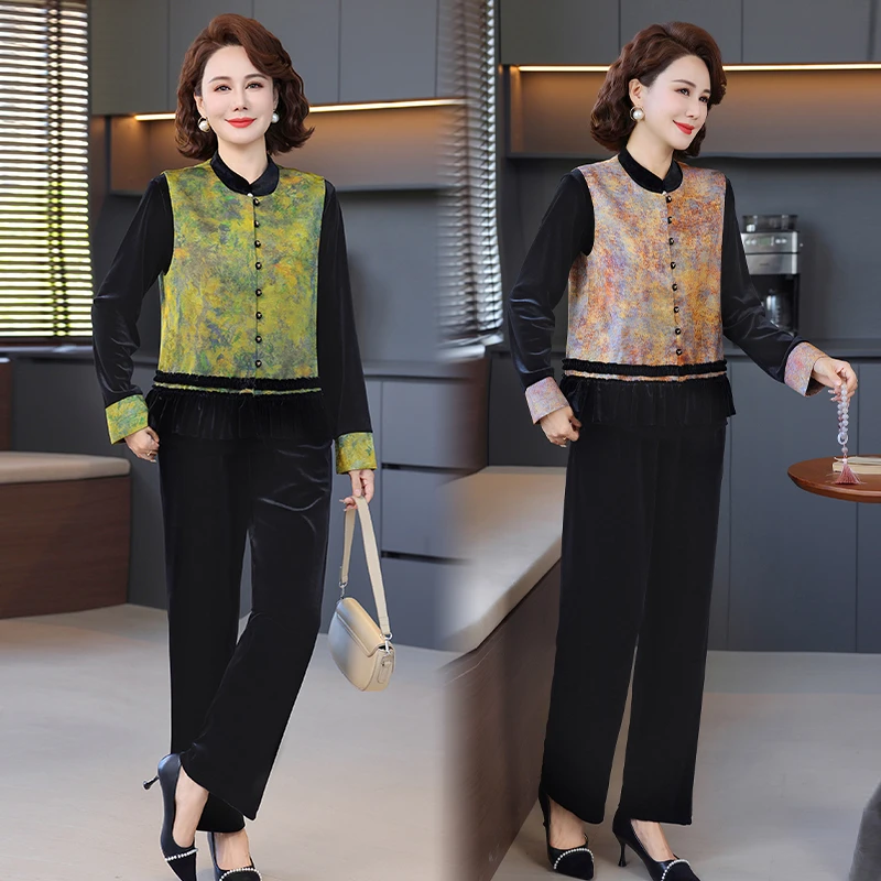 秋款妈妈装新中式国风马夹洋气中老年女春秋三件套金丝绒小衫上衣