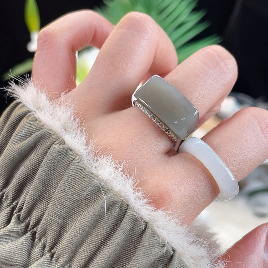 和田玉未镶嵌戒指E90高级灰马鞍17.3