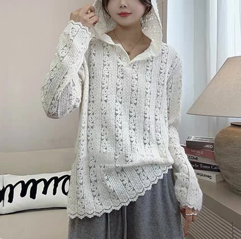 【蕾丝连帽T】宽松百搭休闲舒适甜美韩系叠穿长袖T恤洋气nana气质