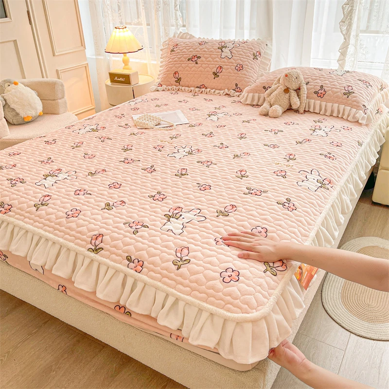 牛奶绒床笠罩带花边加厚夹棉防滑床单床罩单件床垫保护套冬季加绒