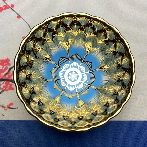 全金蓝佛莲陶瓷碗杯精美主人杯高端茶杯单只装无礼盒