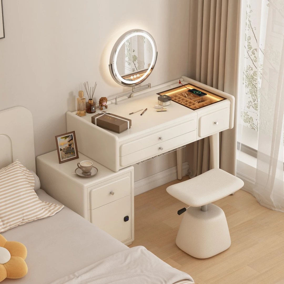 卧室实木梳妆台收纳柜一体伸缩轻奢高级感多功能转角书桌化妆桌