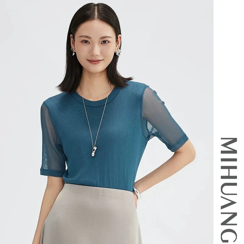 MIHUANG/米皇【呼吸】多层100桑蚕丝时尚百搭纯色圆领短袖T恤557192