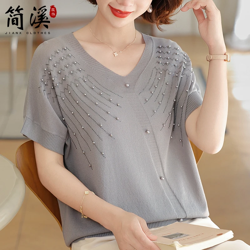 简溪妈妈夏装2025新款短袖钉珠母亲节上衣中老年女夏天针织打底衫