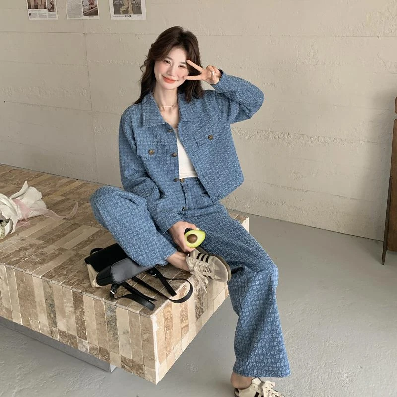蓝色小香风格纹牛仔套装2025春秋新款高级感洋气显瘦阔腿裤两件套