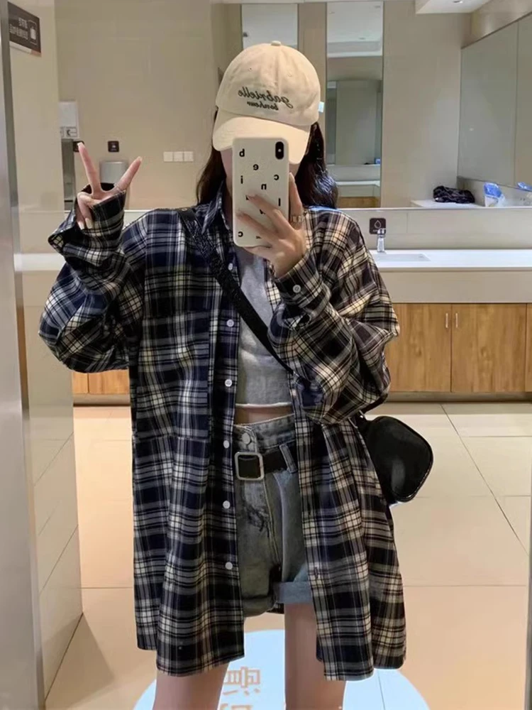 大码胖MM薄款格子外套女秋季新款美式复古衬衫宽松外穿上衣开衫