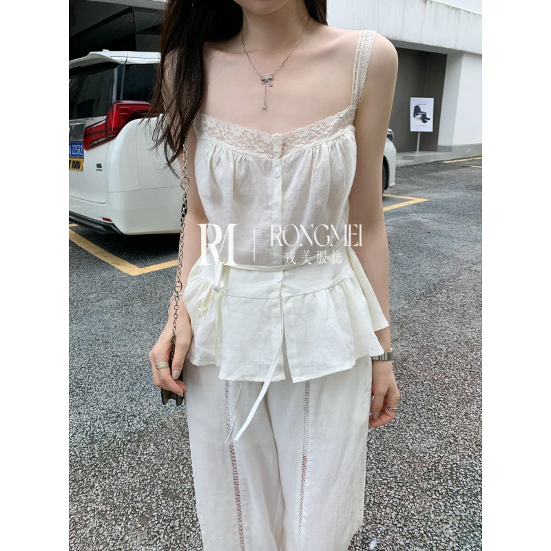 法式甜辣妹蕾丝拼接小吊带背心女夏2025新款独特绝美无袖收腰上衣