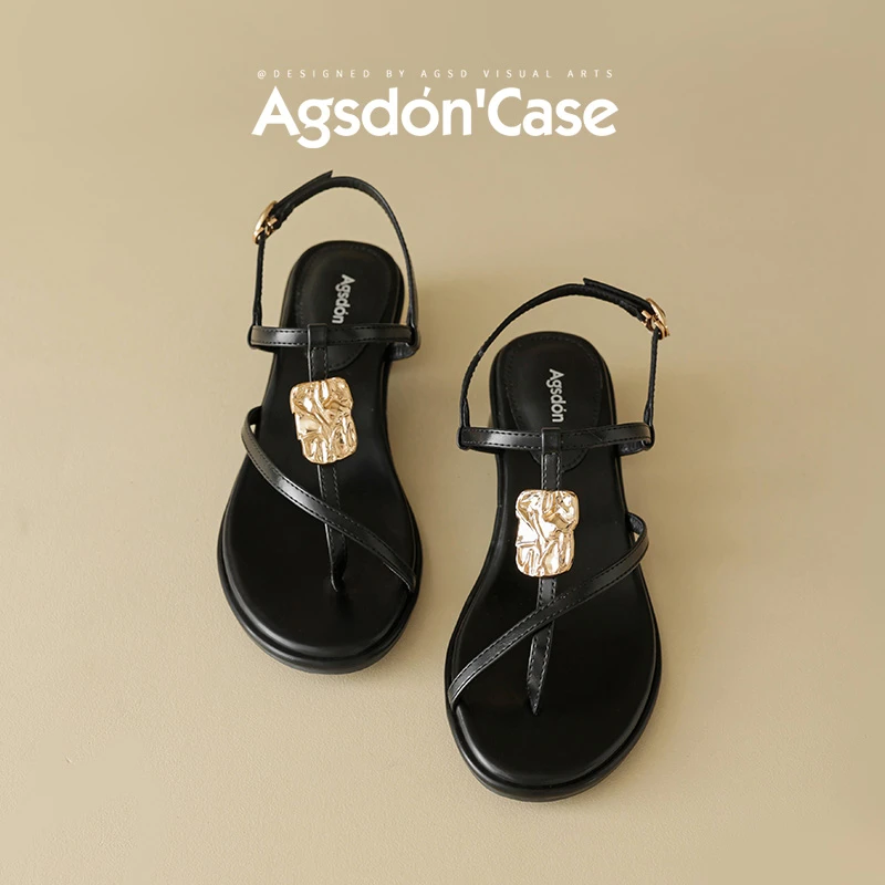 奥古狮登法式黑色凉鞋女2025新款夏罗马粗跟配裙子外穿夹趾拖鞋xx