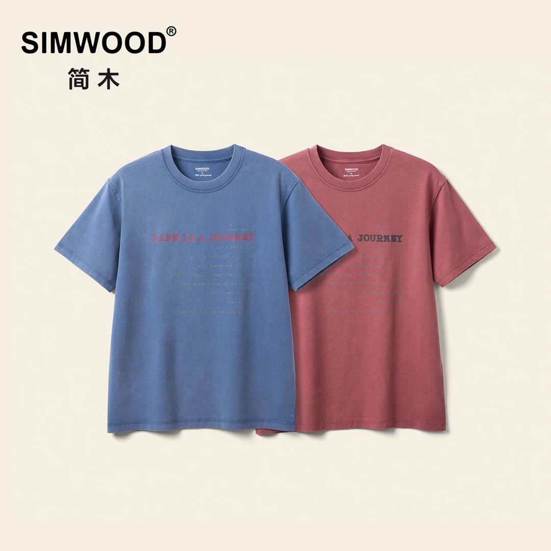 SIMWOOD/简木【宽松版】260g水洗复古做旧印花短袖T恤男SO210207