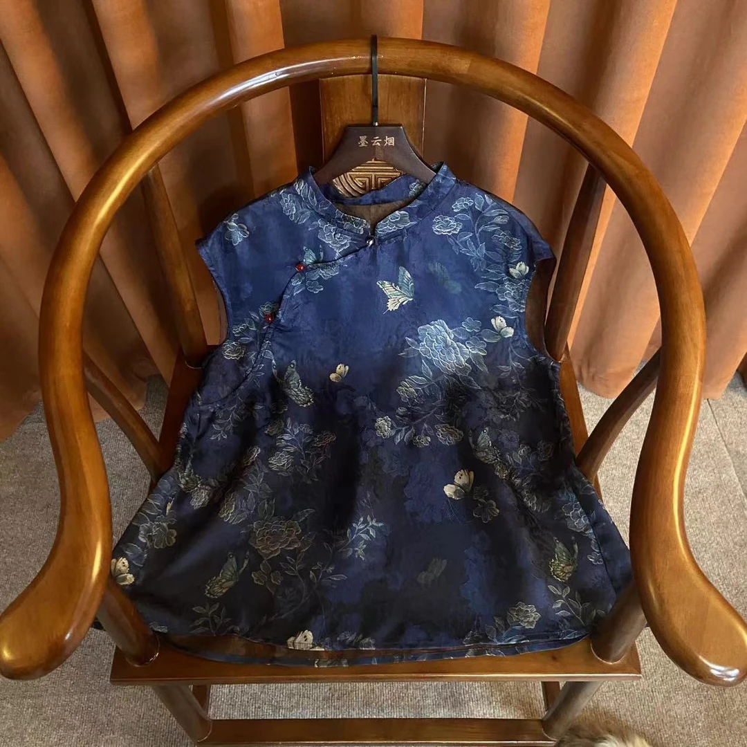 【夕芸】上衣圆领小衫新中式时尚女装无袖复古提花老料夏季衬衫0172