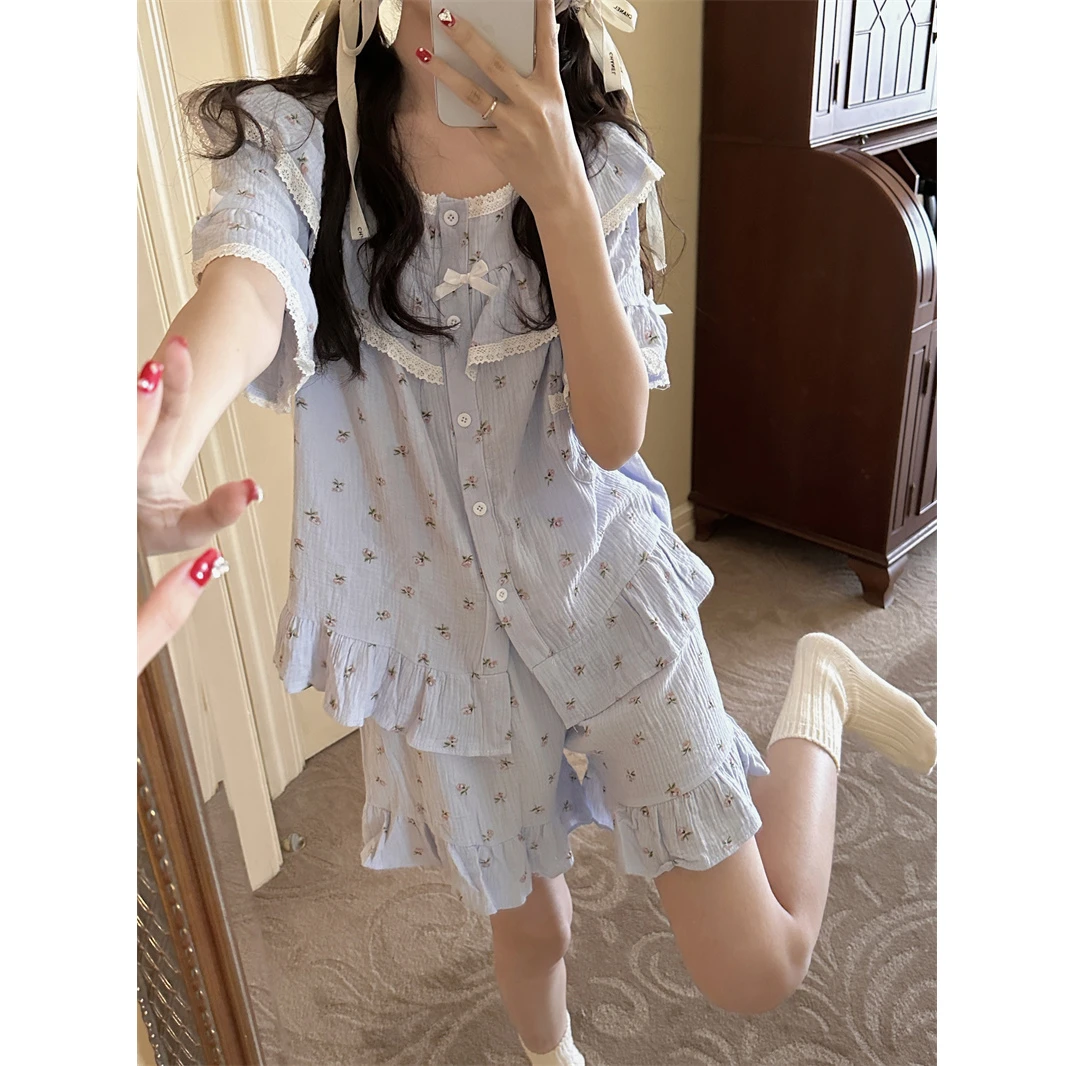 夏天圆领纯棉睡衣女100%全棉夏季套装薄款宽松可爱甜美外穿家居服
