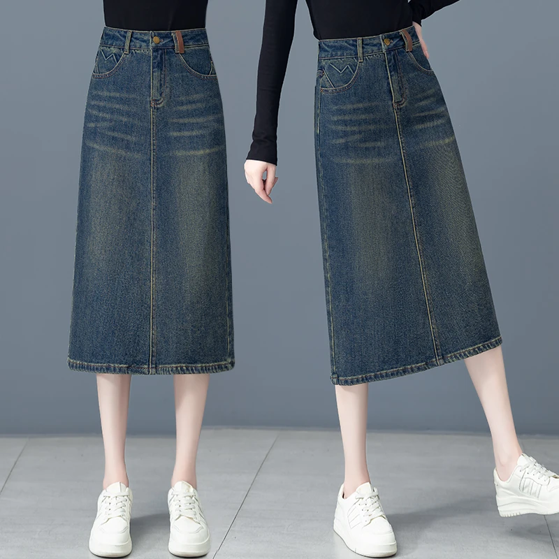 时尚牛仔半身裙女2025秋季新款高腰显瘦百搭后开叉a字中长裙23616