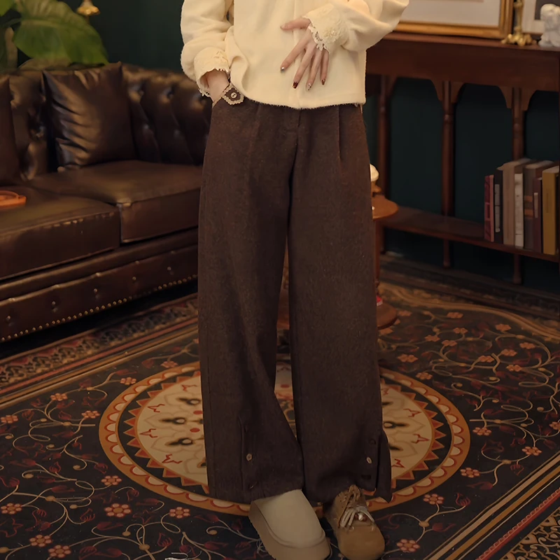 通勤日常显瘦宽松保暖长裤2025冬季新款纯色阔腿休闲裤女复古优雅