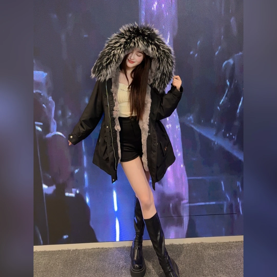 【温香玉獭兔】812派克服女士秋冬真毛连帽时尚大气百搭风衣外套