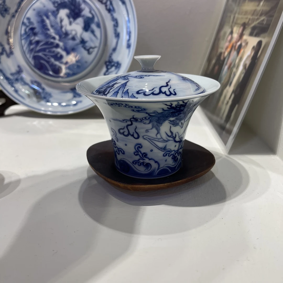 钟家窑 柴窑 手绘 白泽马蹄盖碗