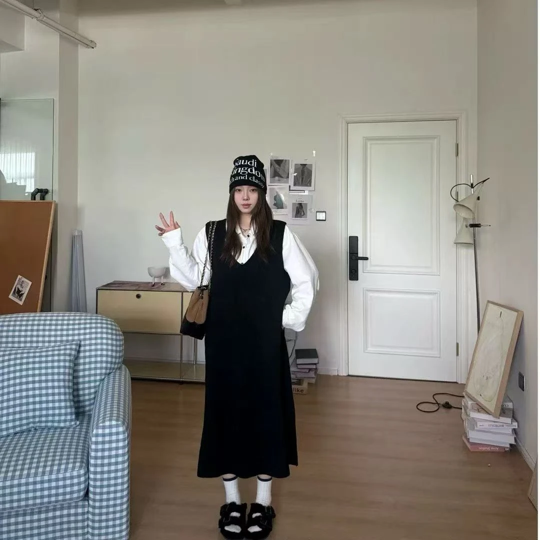【胶片定格】慵懒风韩版时尚设计感绒感宽松衬衫+马甲裙两件套套装