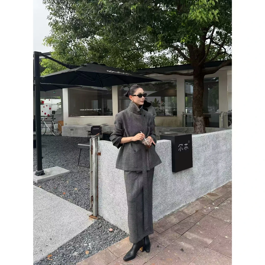 FIINAL《乔治广场》绑带收腰翻领呢子西服外套+半裙套装