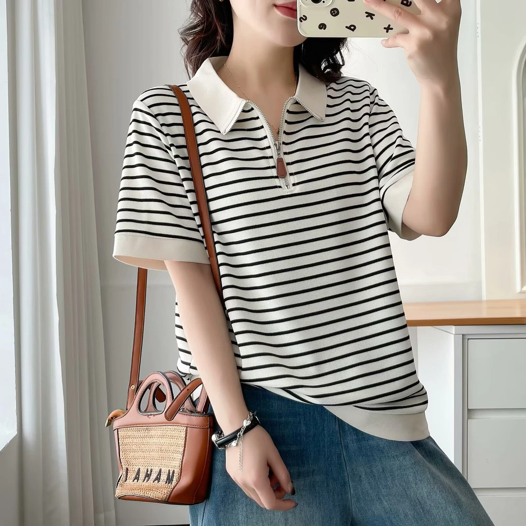 正肩微胖显瘦polo衫短袖大板型大码女装宽松横条纹短袖t恤衫上衣