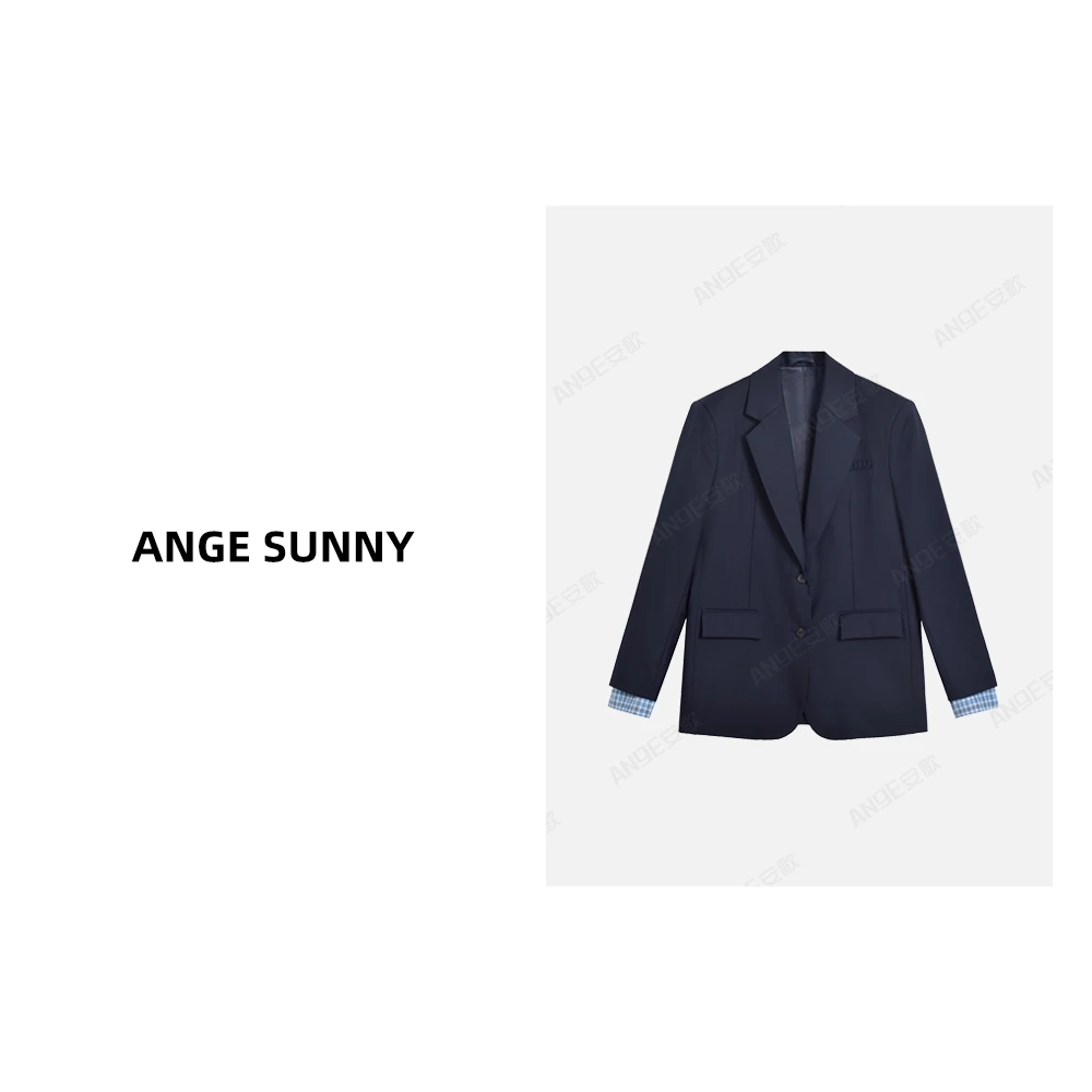 ANGE SUNNY【李兰迪同款  格纹袖羊毛西装】字母徽标假两件西装外套