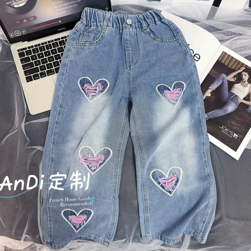 〖ANDI〗安迪订制中大童女童夏季新款爱心刺绣牛仔蓝4103