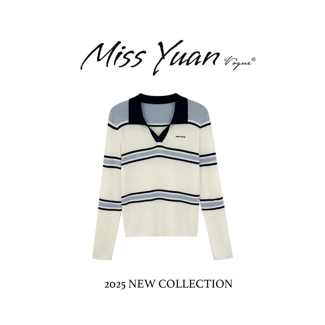 M.Y 媛总【晴空物语】韩系学院风蓝白撞色条纹polo针织衫M2507012