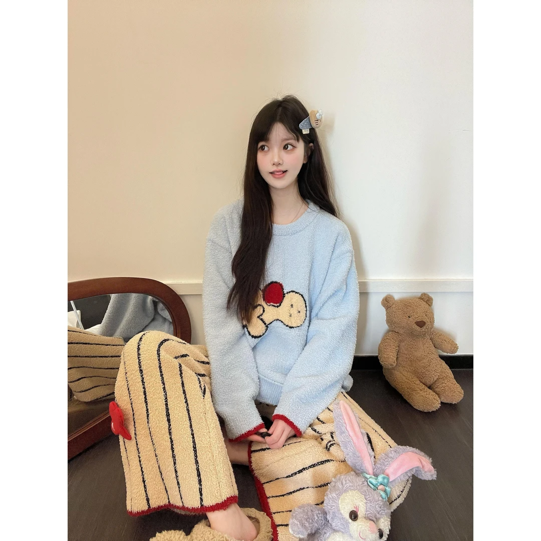 休闲慵懒毛衣半边绒睡衣女2025秋冬季新款宽松休闲家居服套装