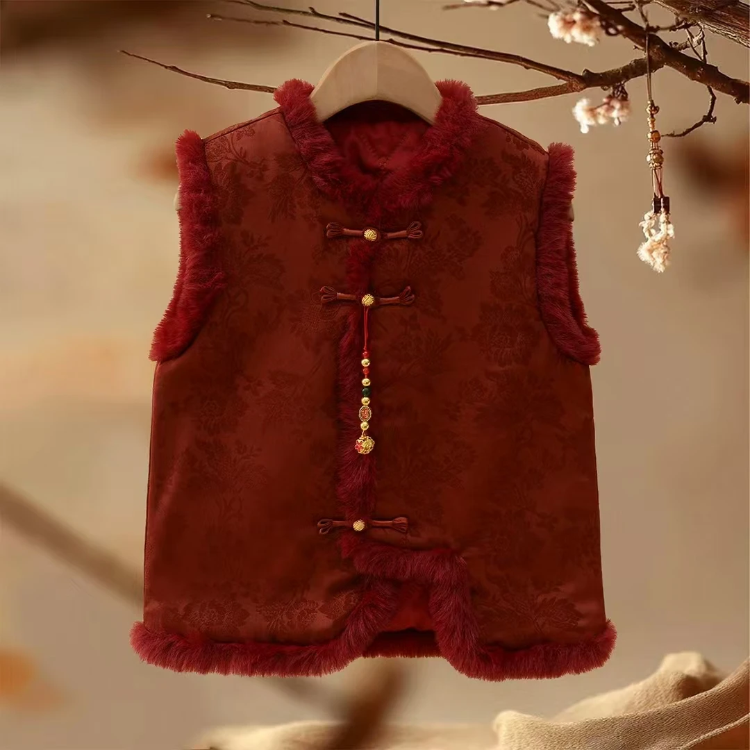 儿童夹棉保暖年款红色拜年服国风连衣裙马甲中式国潮风裙子女宝