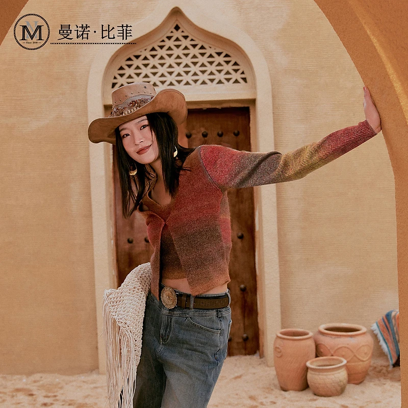 【力力淘专属】曼诺比菲秋季挂脖式长袖渐变针织衫假两件MFCM134018