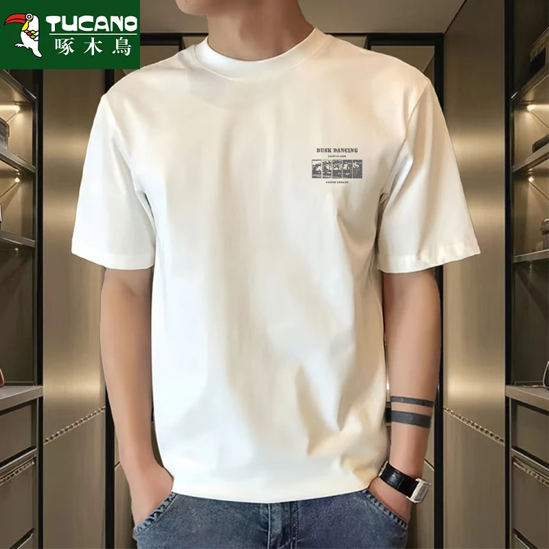 啄木鸟美式复古重磅纯棉休闲简约半袖短袖打底衫男士轻奢痞帅男装