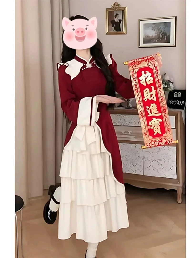 新中式气质旗袍拼接2024新款连衣裙女装俏皮蝴蝶结拜年裙子